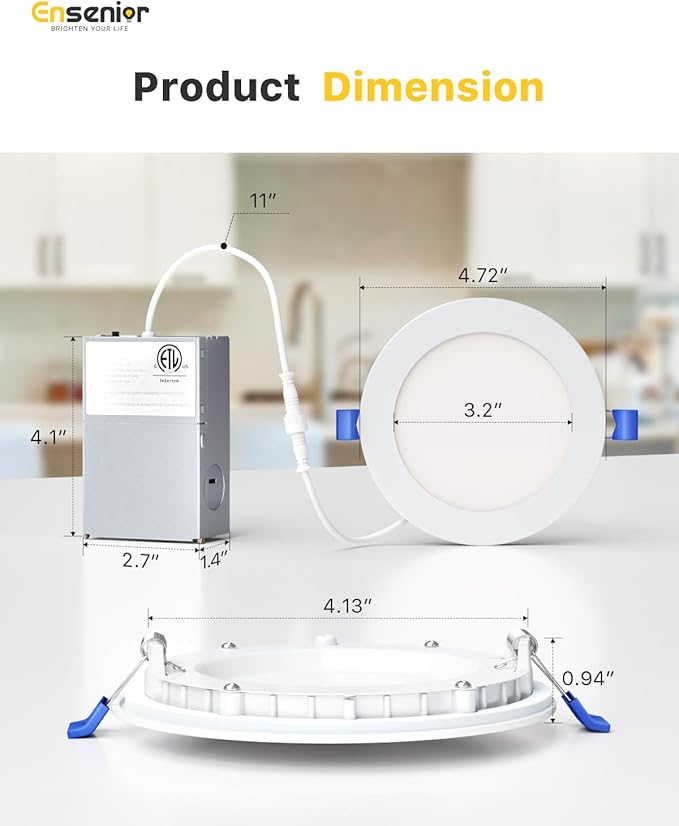 Ensenior 16 Pack 4 Inch LED Recessed Ceiling Light, Dimmable, 3000K-5000K 3CCT, 750LM 9W 120V, High Brightness Canless Wafer Downlight - ETL&FCC&IC
