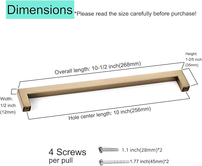 10 Pack Champagne Bronze Cabinet Pulls 10 Inch Modern Square Drawer Handles Dresser Pulls Cupboard Handles Stainless Steel Kitchen Cabinet Hardware