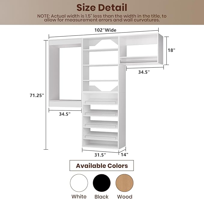ROOMTEC Modular Closet System, 102" Wall Mounted Modern Closet Organizer with Hanging Rods and Shoe Shelf, Wooden Tower for Walk-In Closets, Wardrobe Storage Kit, White