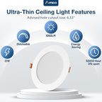 Amico 24 Pack 6 Inch 5CCT Ultra-Thin LED Recessed Ceiling Light with Junction Box, 2700K/3000K/3500K/4000K/5000K Selectable, 1050 Lumens, Dimmable Canless Wafer Downlight, 12W Eqv 110W-ETL&FCC
