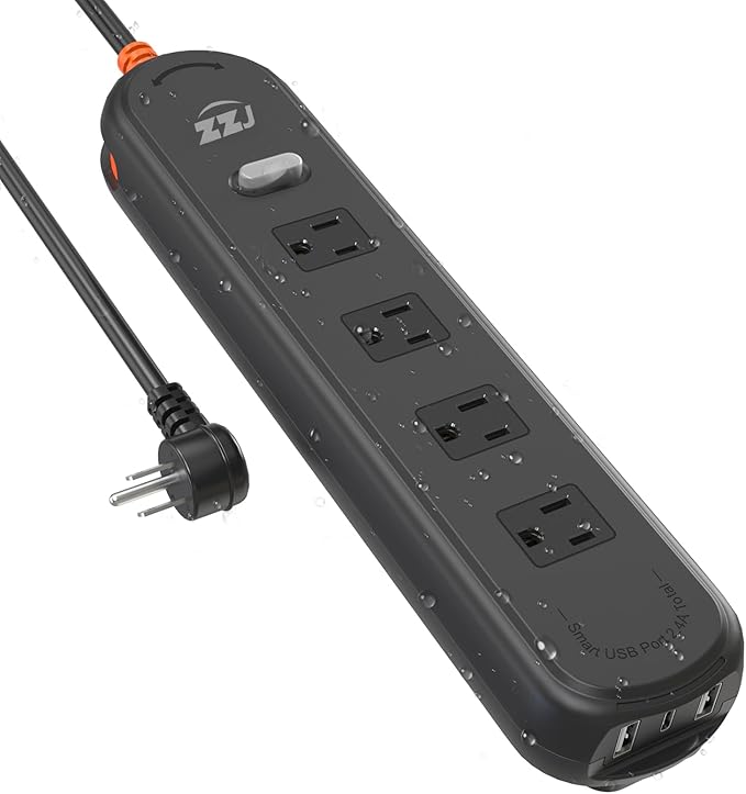 Outdoor Power Strip Weatherproof, 7-in-1 Surge Protector with 4 Wide Outlets 2USB A and 1USB C,1875W/15A, 6FT Flat Plug Multi-Plug Outdoor Extension Cord for Indoor Outdoor, UL FCC Listed
