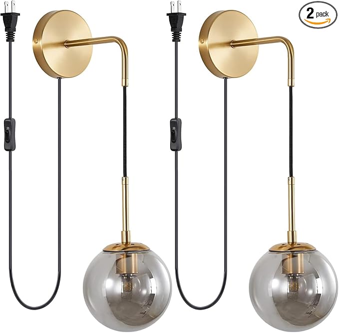KCO Modern Globe Wall Sconce with Plug in Industrial Vintage Wall Lamp On/Off Switch Adjustable Minimalist 1-Light Mounted Reading Lamps for Bedroom Living Room Corridor(Smoke Gray & 2-Pack)