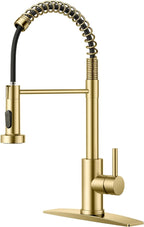 FORIOUS Gold Kitchen Faucet with Pull Down Sprayer, Stainless Steel Commercial Single Handle Classic Spring Pull Out Sink Faucet for Pot Filler, Farmhouse Camper Bar Laundry Room