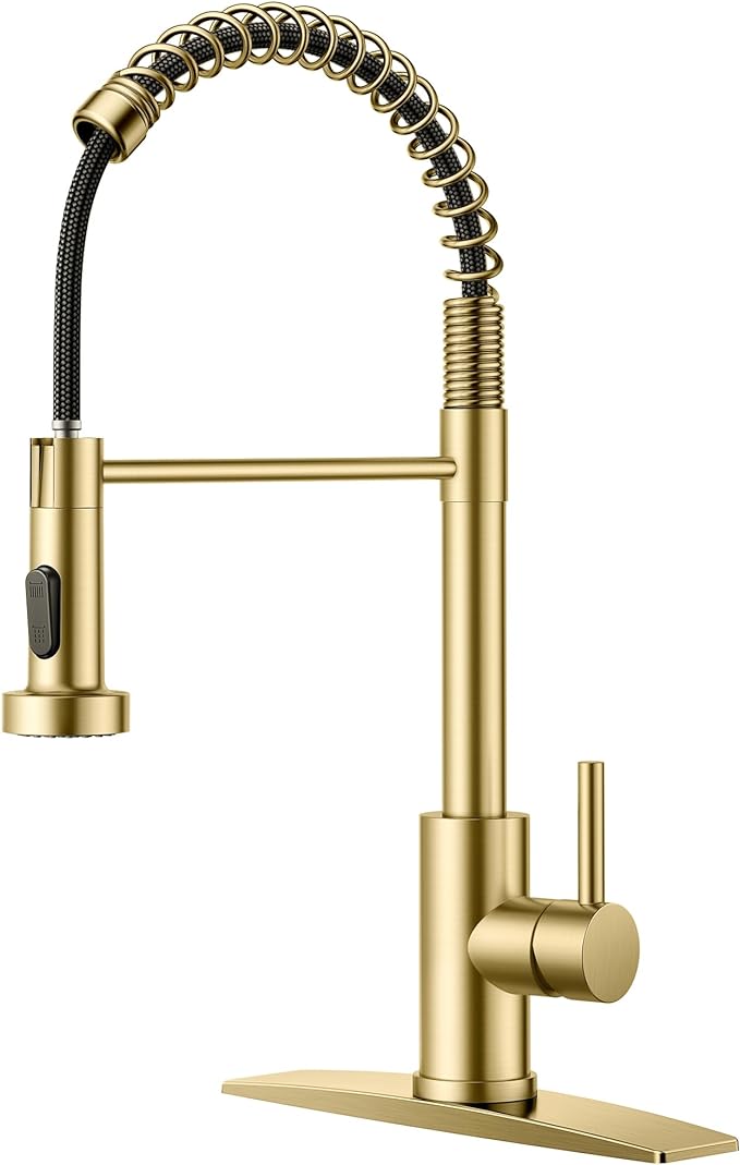 FORIOUS Gold Kitchen Faucet with Pull Down Sprayer, Stainless Steel Commercial Single Handle Classic Spring Pull Out Sink Faucet for Pot Filler, Farmhouse Camper Bar Laundry Room