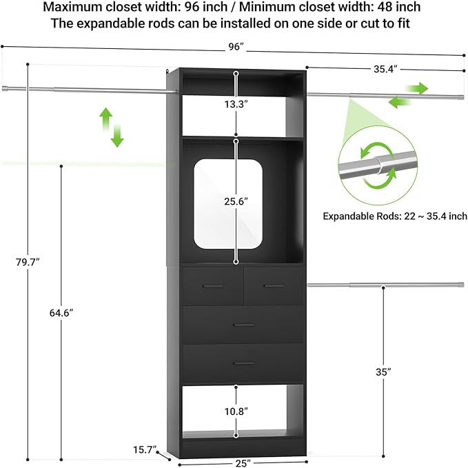 Unikito 96” W Closet Systems, Adjustable 8FT Walk in Closet Organizer Starter Kit with 25” Tower and 3 Hanging Rods, Sturdy Garment Rack with 4 Drawers and Mirror, 96" W x 16" D x 80" H, Black