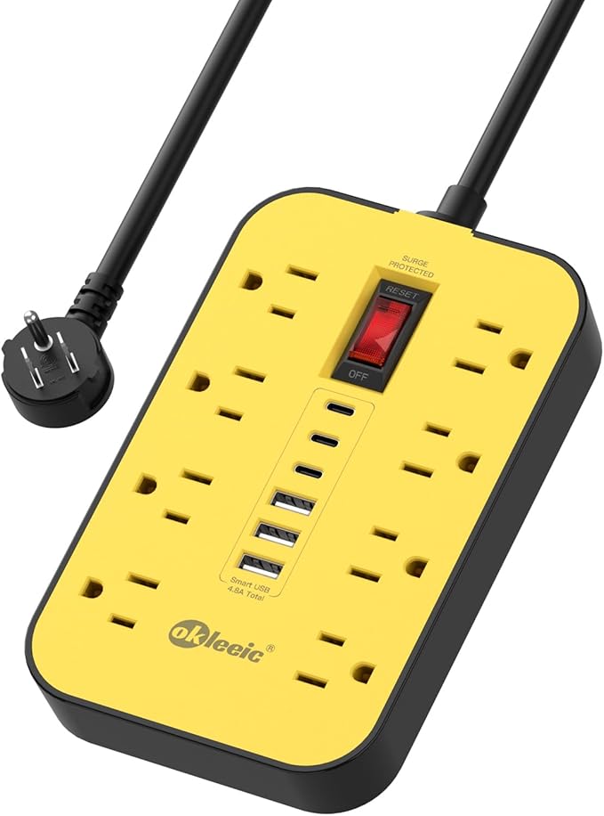 8-Outlets Heavy Duty Power Strip with 6 USB Ports(3 USB-C), Industrial Surge Protector Power Strip 15 Amps/1700 Joules, 6 Ft Multi-Plug Electric Extension Cord Wall Mount for Workshop Garage (Yellow)