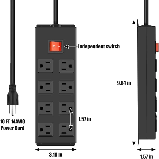 HHSOET Metal Magnetic Power Strip, 8 Outlet Mountable Socket, Wall Mount Heavy Duty Surge Protector, Catering for Your Every Need, Gaming Table Outlet with 10 FT Power Cord.(Black)