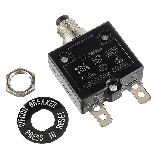 HUWREW 18 Amp Push Button Circuit Breaker 125-250V AC 50V DC L1 Series Manual Reset Thermal Circuit Breaker 18A Thermal Overload Protector