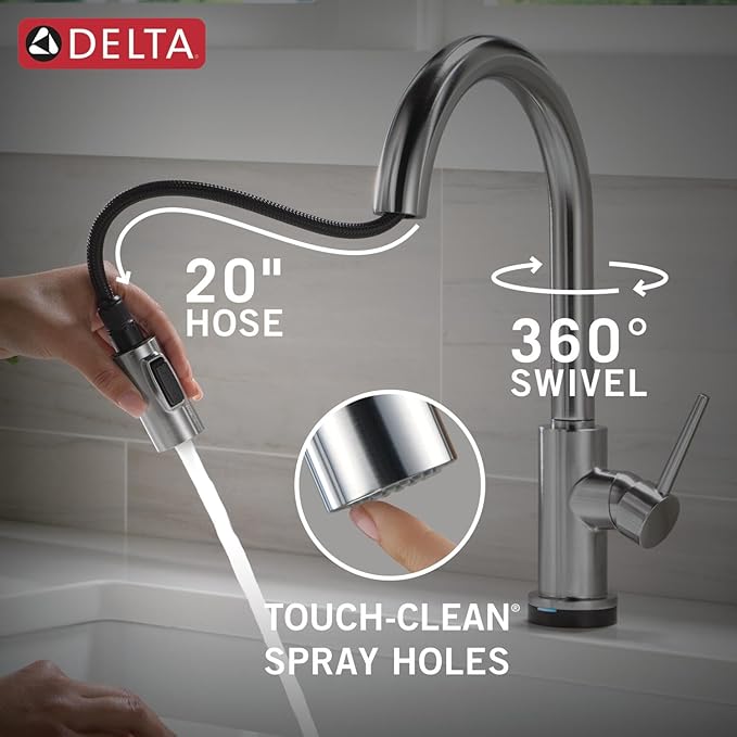Delta Trinsic Touchless Kitchen Faucet with Touch Technology, Brushed Nickel Kitchen Sink Faucet with Pull Down Sprayer, Single Hole, Arctic Stainless 9159TL-AR-DST