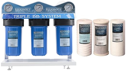 55W UV Ultraviolet Light Plus Sediment & Carbon Well Water Filter Purifier System with 3/4" Ports, 12 GPM UV with Bluonics Water Filter Housing System Size 4.5" x 10" Filters