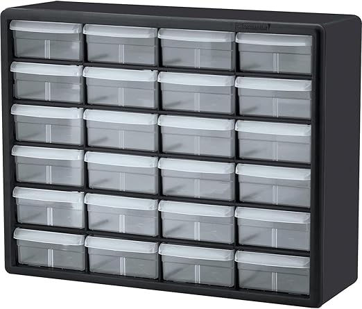 Akro-Mils 24-Drawer Plastic Drawer Storage Cabinet for Garage Organization, Bead Organizer, Building Bricks Storage, Teacher Toolbox, Makeup Organizer, 20" W x 6" D x 16" H, 10124 Black