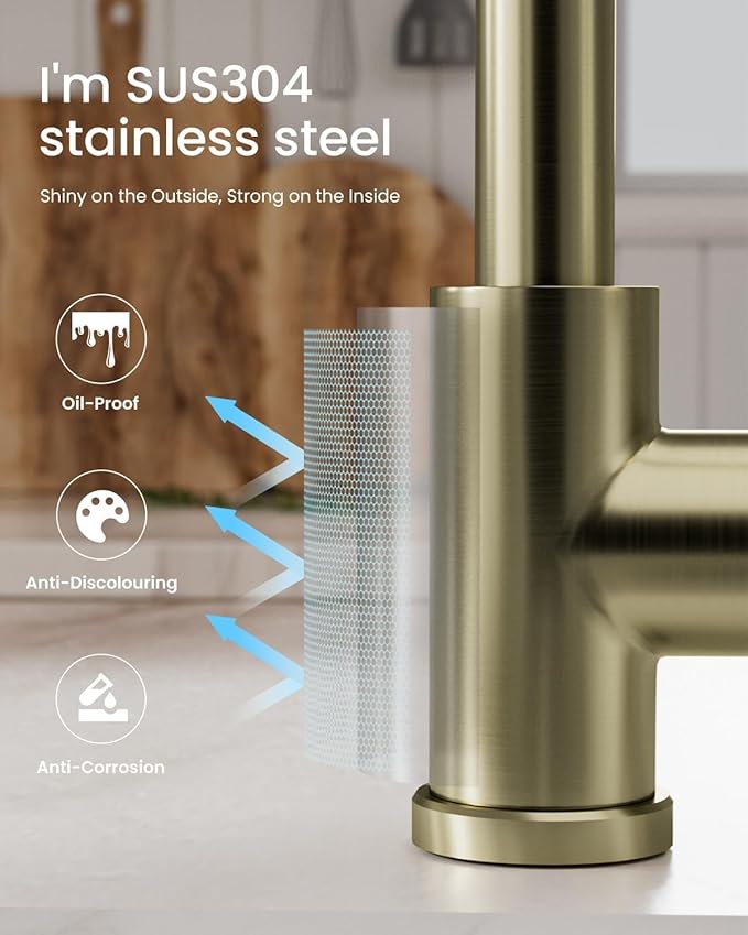 APPASO Gold Kitchen Faucet, Brushed Gold with Pull Down Sprayer and Soap Dispenser, Commercial Kitchen Sink Faucet Stainless Steel