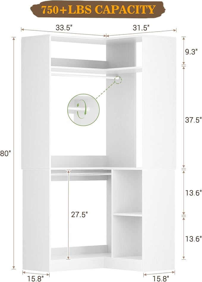 Aheaplus Corner Closet System With Shelves, 34'' Organizer With Hanging Rods, Wood Walk-in for Small Space, Freestanding Tower, L Shaped Garment Rack, White