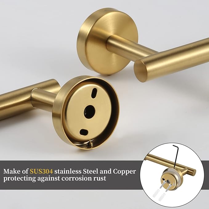 Bathroom Hardware Set Brushed Gold, 10pcs Towel Bar Set Including 2pcs16 inch Towel Bars, Toilet Paper Holders, Towel Rings and 4pcs Robe Towel Hooks