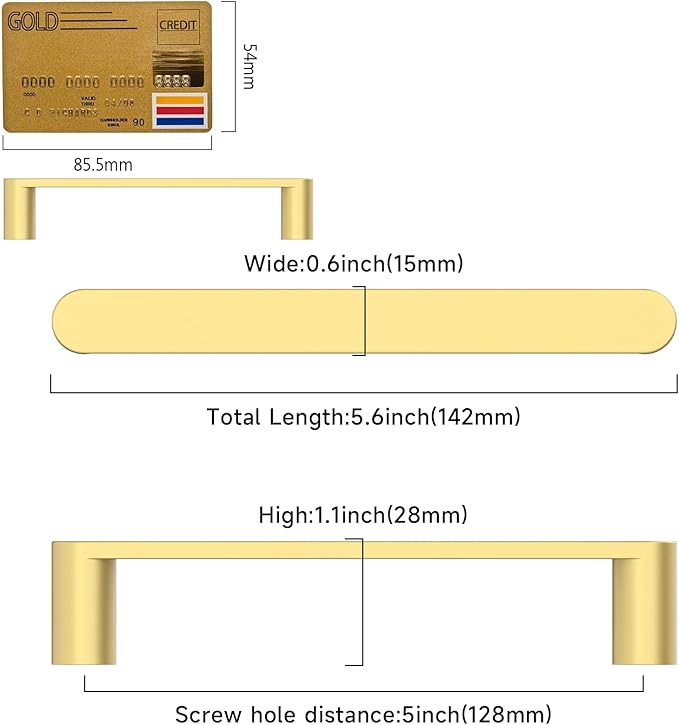 Amerdeco 10 Pack ZH0005MGP Brushed Gold 5 Inch(128mm) Hole Centers Kitchen Cabinet Pulls Hardware Modern Kitchen Handles for Cabinets Cupboard Handles Drawer Pulls