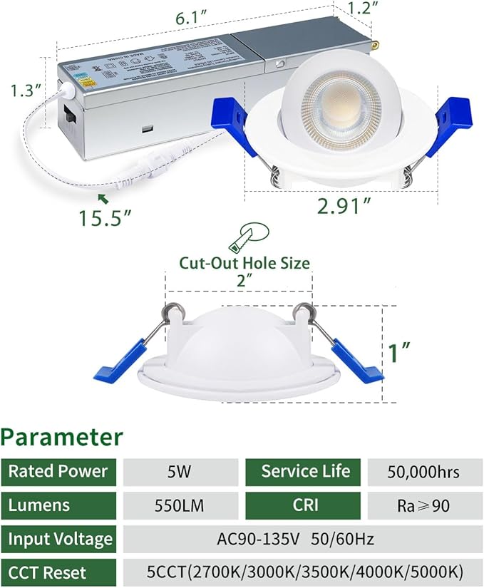 zouzai 2 Inch Adjustable Mini LED Gimbal Light, 5CCT Selectable, 360° Rotation & 90° Tilt for Precise Lighting, Accent or Ambient Illumination in Kitchen, Living Room, Cabinet (White, 1 Pack)