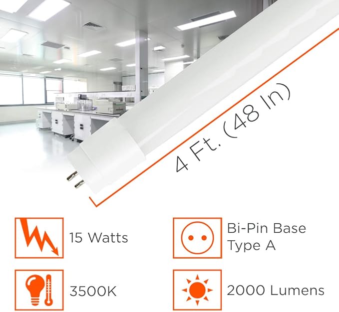 GoodBulb 4-ft T8 LED Tube Lights, 15-Watt (32W Equivalent) 3500K Warm White, 2000-Lumens, 80 CRI, Type A Plug & Play (Pack of 25)