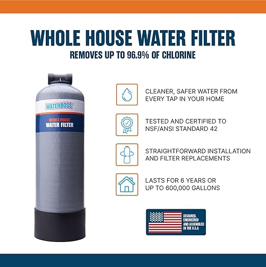 WaterBoss Whole House Water Filter - Whole Home Water Filtration System for Well & City Water - Filters 96.9% of Chlorine Taste & Odor - 6yr, 600,000 Gl, WB-WH-Filter