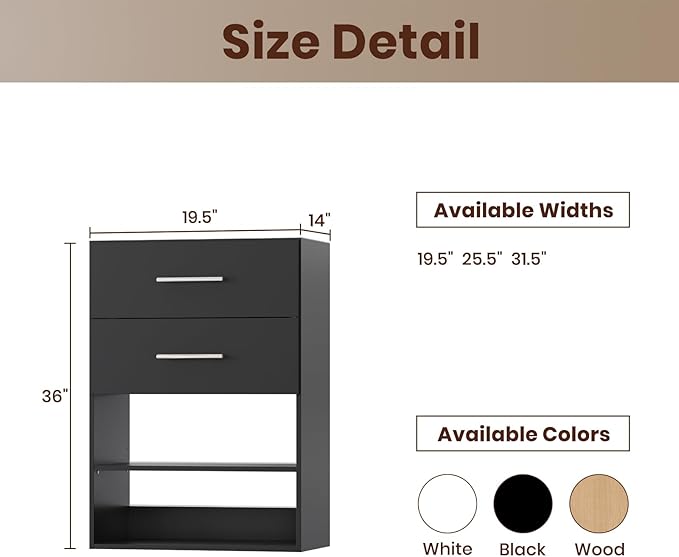 ROOMTEC 19.5" 2 Drawer Short Tower Closet Unit, Modular Closet System with Drawers and Shelf, Wardrobe Organizer for Bedroom or Walk-in Closet, Wall Mounted, Customizable Clothes Storage Unit, Black