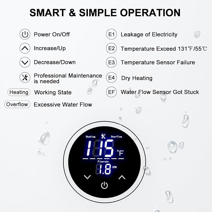 Tankless Water Heater Electric, ECOTOUCH 14kW 240V on Demand Electric Water Heater Instant Hot Water Heaters Under Sink Point of Use with Self-Modulating ECO140S White ETL Certificated