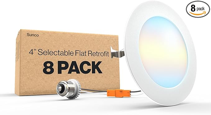 Sunco 8 Pack 4 Inch LED Flat Recessed Light, Retrofit Ceiling Can Lighting, 800 LM, Selectable CCT 2700K/3000K/4000K/5000K, Dimmable, 10W=60W, 50,000 Lifetime Hours UL
