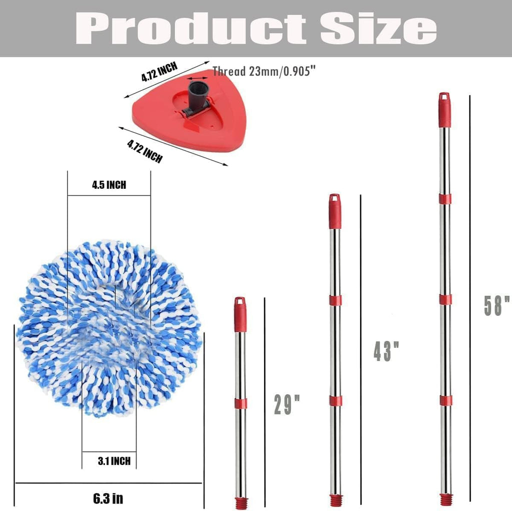 Spin Mop Replace Head, Base, Handle Compatible with O Cedar EasyWring RinseClean Microfiber Spin Mop, 4 Microfiber Mop Refills, 1 Triangle Mop Base and 58in Mop Handle (Blue (2-Tank System))