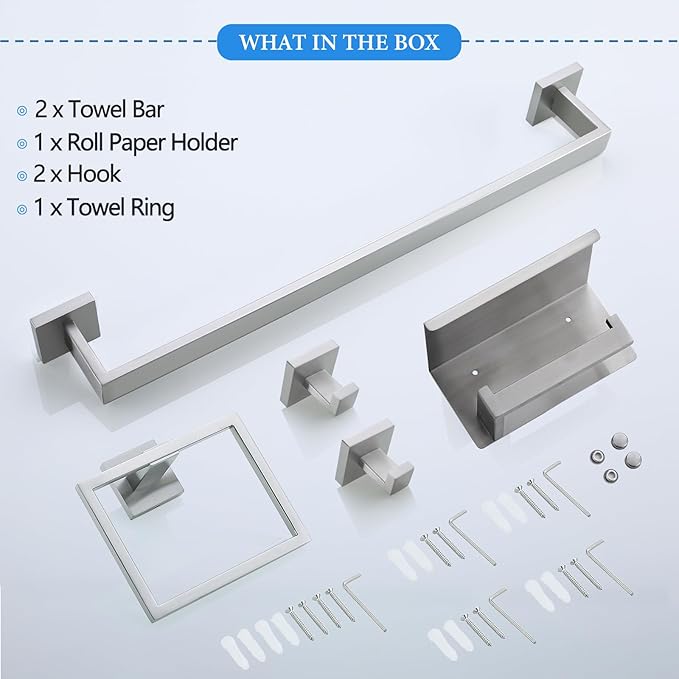 Brushed Nickel Bathroom Towel Bar Set Bathroom Accessories Hardware Set Including Double Towel Bar Towel Ring Coat Hook and Toilet Paper Holder with Shelf. Wall Mounted Stainless Steel