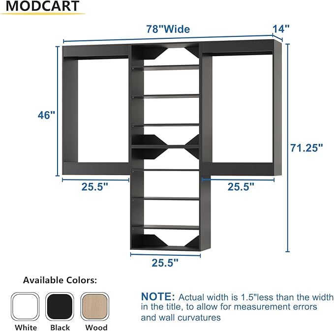 Modular Closet System, 78" Wide Closet Organizer System with Hanging and Towers, Wood Tower Closet Storage for Walk In Closets, Wall Mounted Wardrobe Organizer Kit System, Bedroom, Black