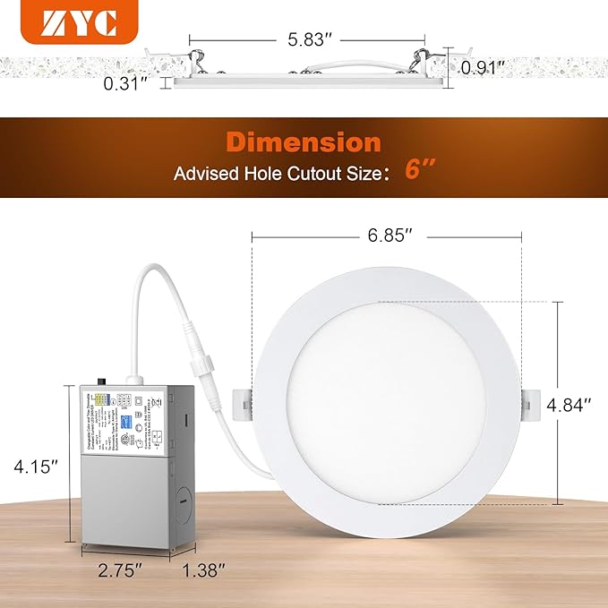 ZYC Canless LED Recessed Lighting 6 Inch 6 Pack 5CCT Ultra-Thin Recessed Downlight Lights with Night Light Mode, 12W 1100LM Dimmable Retrofit Wafer Recessed Ceiling Light, 1800K to 5000K ETL&FCC