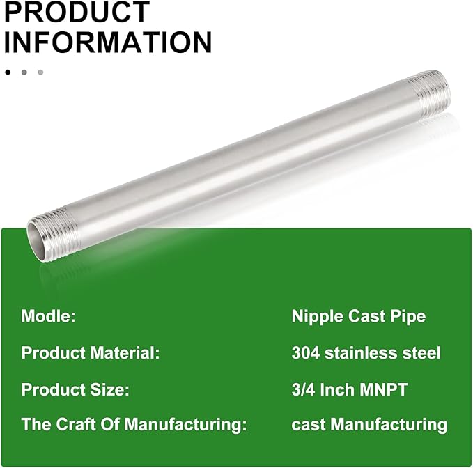 TAISHER 2Pcs Stainless Steel Pipe Fittings, 3/4" NPT x 3/4" NPT Male Threaded, 10" Length Nipple Cast Pipe