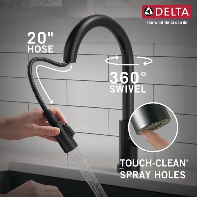 Delta Trinsic Matte Black Touch Kitchen Faucet with Pull Down Sprayer, Modern Single Hole Touch On Kitchen Sink Faucet, Single Handle, Matte Black 9159T-BL-DST