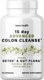 15 Day Advanced Colon Cleanse, Probiotics & Natural Herbs, Supports Detox & Gut Flora for Women & Men, with Cascara Sagrada, Psyllium Husk & Senna Leaf, 30 Capsules 1-2 Daily | 15 Day Cleanse
