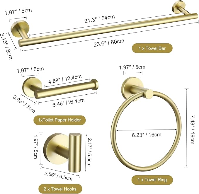 TURS Brushed Gold Bathroom Hardware Set 5 Piece, SUS304 Stainless Steel Bath Towel Bar Set, 24 Inch Bathroom Accessories Kit Wall Mounted