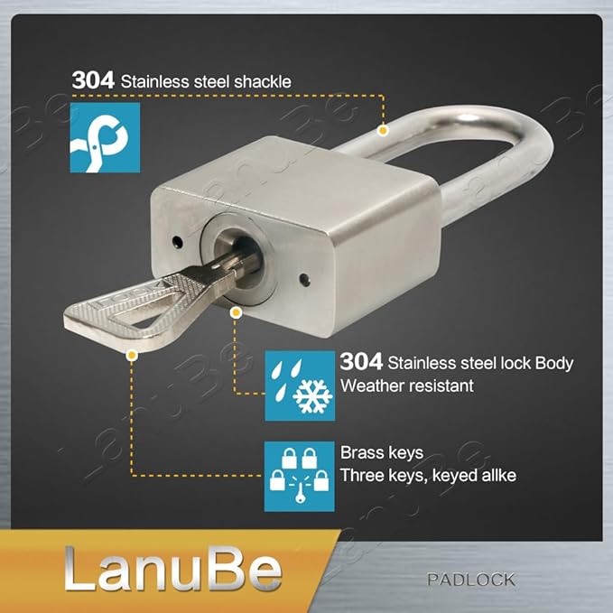 Lanube 304 Stainless Steel keyed Alike Marine Small Padlocks for Outdoor use, 1-9/16 inch Wide Body, Stainless Steel Body Long Shackle, Pack of 2