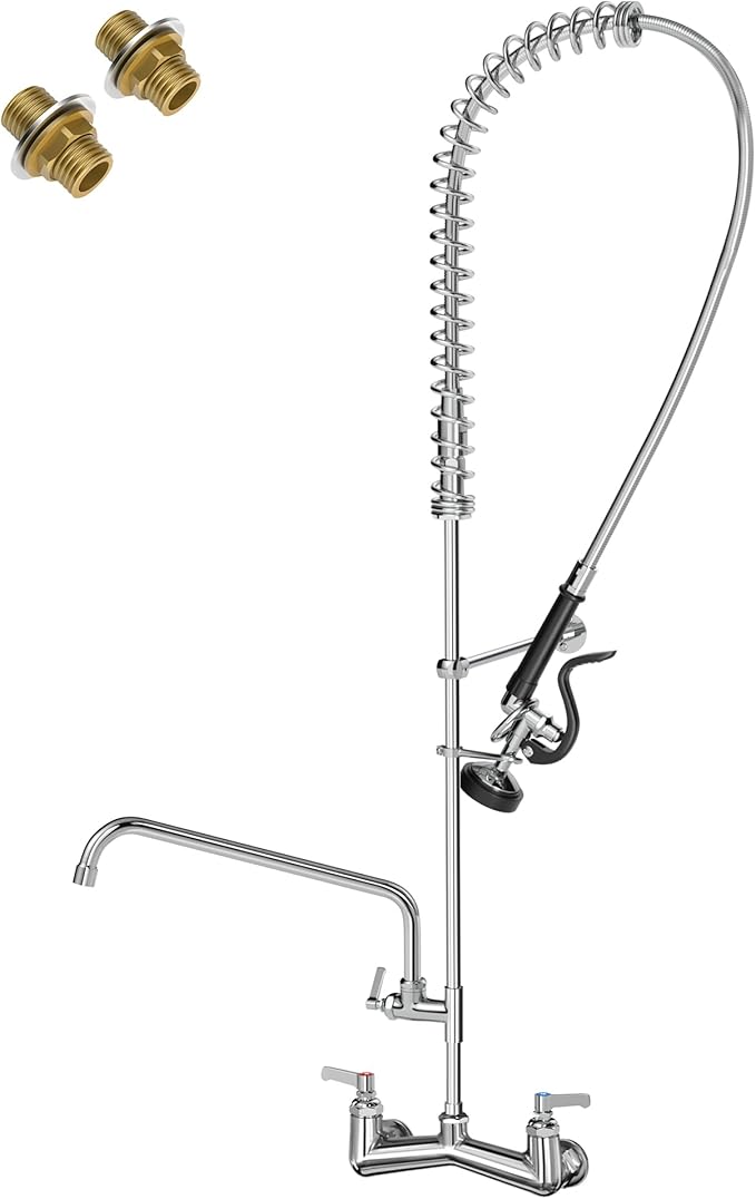 Commercial Sink Faucet Wall Mount with Pre Rinse Sprayer 8 inch Center Wall Mount Kitchen Sink Faucet 47" Height with 14" Add-on Swing Spout for 1/2/3 Compartment Sink