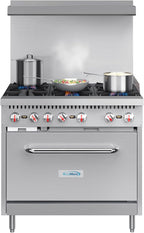 KoolMore KM-CR36-NG 36 in. 6 Burner Commercial Natural Gas Range with Oven, Solid Black