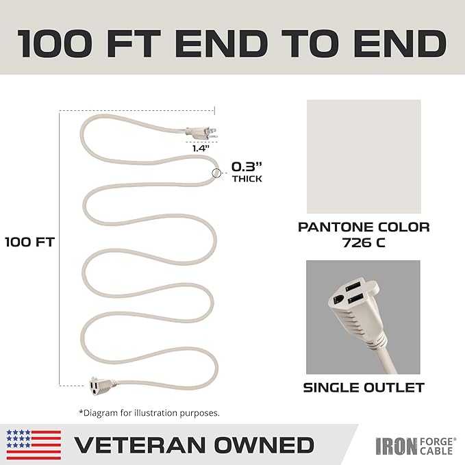 Iron Forge Cable Weatherproof 100 Ft Outdoor Extension Cord - 16/3 SJTW Heavy Duty Beige Extension Cord 3 Prong - 10 Amp Exterior Power Cable