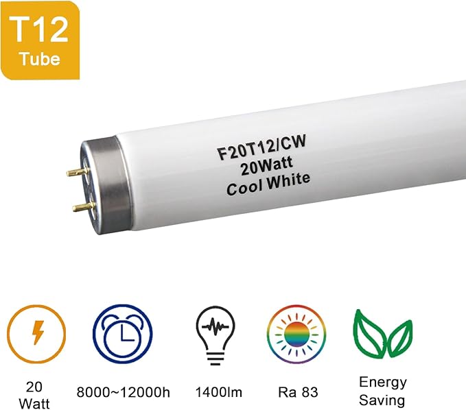 (6Pack) F20T12/CW 20 Watt Cool White 24Inch Fluorescent Light Bulbs,T12 20W 24 Inch Fluorescent Tube,4100K, Replacement for F20T12/CW/ALTO, F20T12/CW/ECO, F20T12/SP41/ECO,G13 Base,1400 Lumens