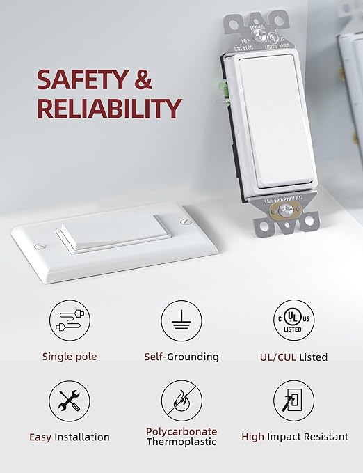 AIDA Single Pole Rocker Decorator Light Switch, 15 Amp Self-grounding Electrical Light Switches, Wall Plate Included, Residential Grade, UL Listed (20 Pack, Glossy White)