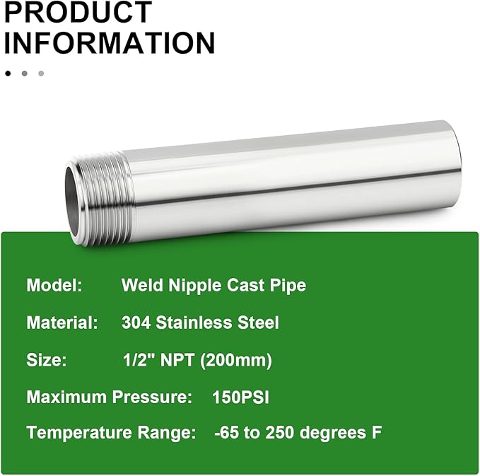 TAISHER 2PCS 304 Stainless Steel Pipe Fittings, 1/2" NPT Male Threaded, 8" Length Weld Nipple Cast Pipe