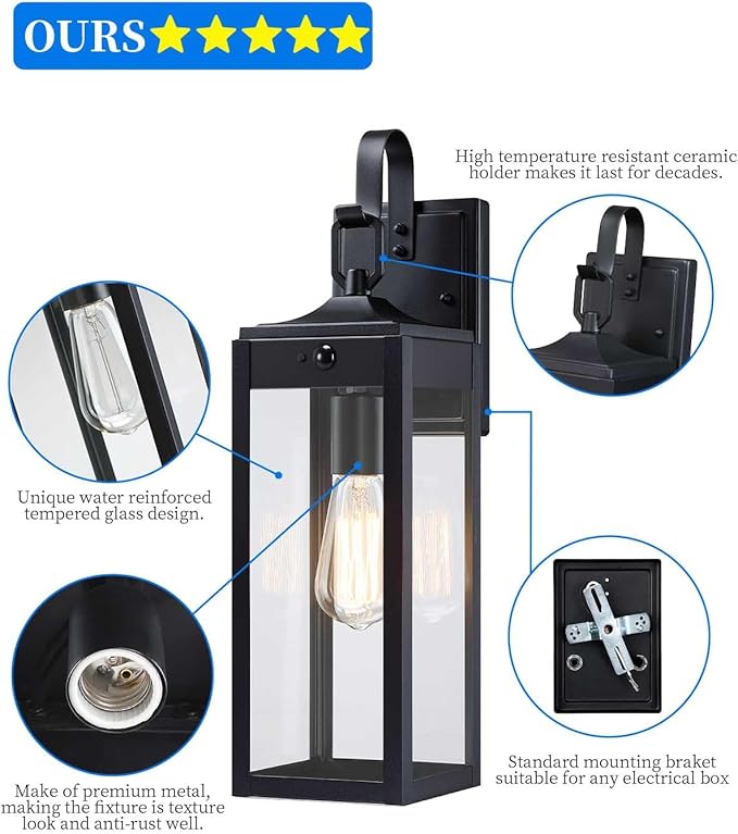 18'' Large Motion Sensor Outdoor Lights 2 Packs, Dusk to Dawn Exterior Lighting Fixtures, Modern Black Outdoor Sconces Porch Light for House, Outside Farmhouse Wall Lanterns for Front Door, Garage