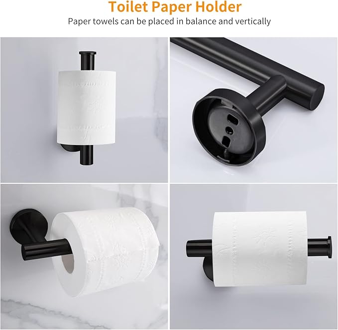 Cilee 10 Piece Matte Black Bathroom Accessories Set, 24inch Black Towel Bar Ring+Toilet Paper Holder+ Robe Towel Hook SUS304 Stainless Steel Bathroon Hardware Set