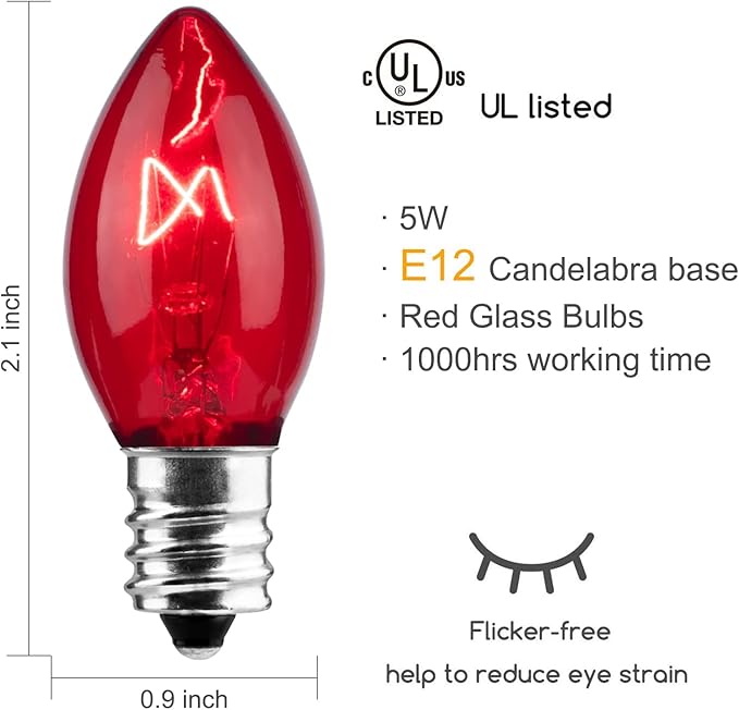 50-Pack C7 Replacement Christmas Light Bulbs, C7 Commercial Grade Incandescent Light Bulbs for Outdoor Indoor Holiday Christmas String Lights, E12 Candelabra Base, 5 Watt