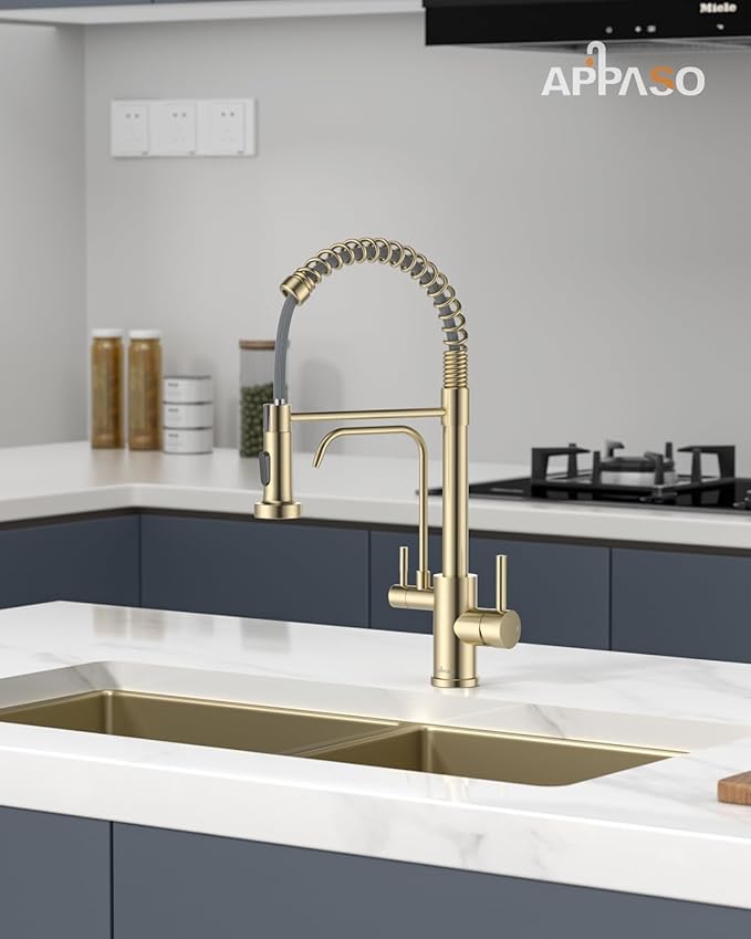 APPASO Gold Kitchen Faucet with Water Filter, Brushed Gold Kitchen Sink Faucet, 3 in 1 Kitchen Faucet (Without Water Filtration Device)