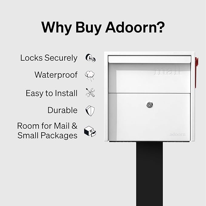 Adoorn Lockable Post Mount Mailbox | White, Small 12 x 12 x 18.5 (HxWxD) Anti-Theft Locking Mailbox with 2 Keys, Modern Mailbox with Flag, Weatherproof Mailboxes for Outside