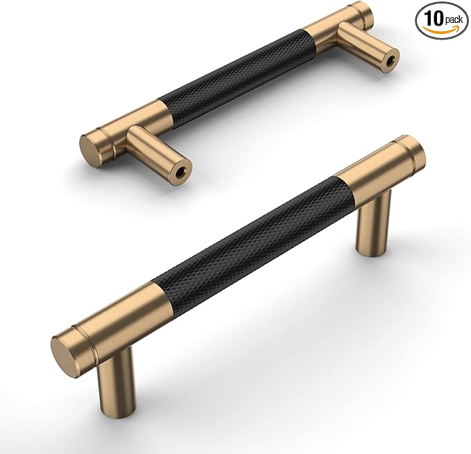 Amerdeco 10 Pack Champagne Bronze and Black Knurled Cabinet Pulls 3.75 Inch Hole Centre to Hole Centre Kitchen Cabinet Handles for Drawer Dresser, Cupboard and Wardrobe ZH0040