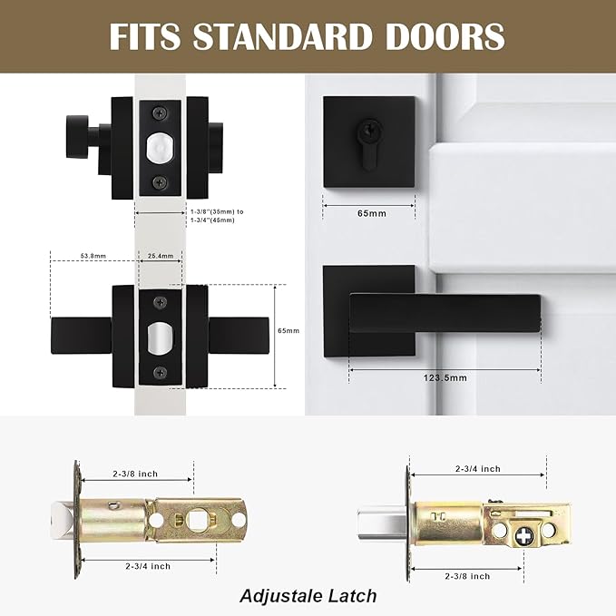 2 Pack Keyed Entry Door Lock with Deadbolt Set, Reversible Passage Lever and Keyed Alike Single Cylinder Deadbolt, Matte Black Square Handleset for Bedroom, Front Door