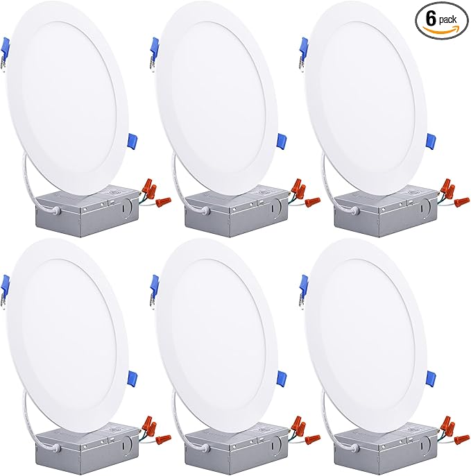 TORCHSTAR 8 Inch Ultra-Thin LED Recessed Ceiling Light with Junction Box, CRI90, 5000K Daylight, 18W High Brightness Dimmable Slim Canless Wafer Downlight, ETL & ES & FCC, Pack of 6