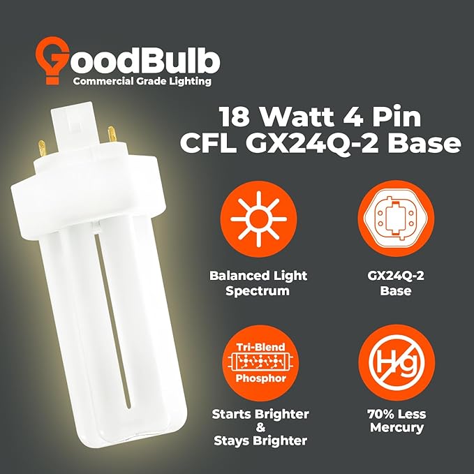 GoodBulb 18 Watt CFL Light Bulbs 4 Pin GX24Q-2 Base 3000K Warm White 18W High Output 1200 Lumens Triple Tube Compact Fluorescent Light Bulbs Plug-in 10 Pack