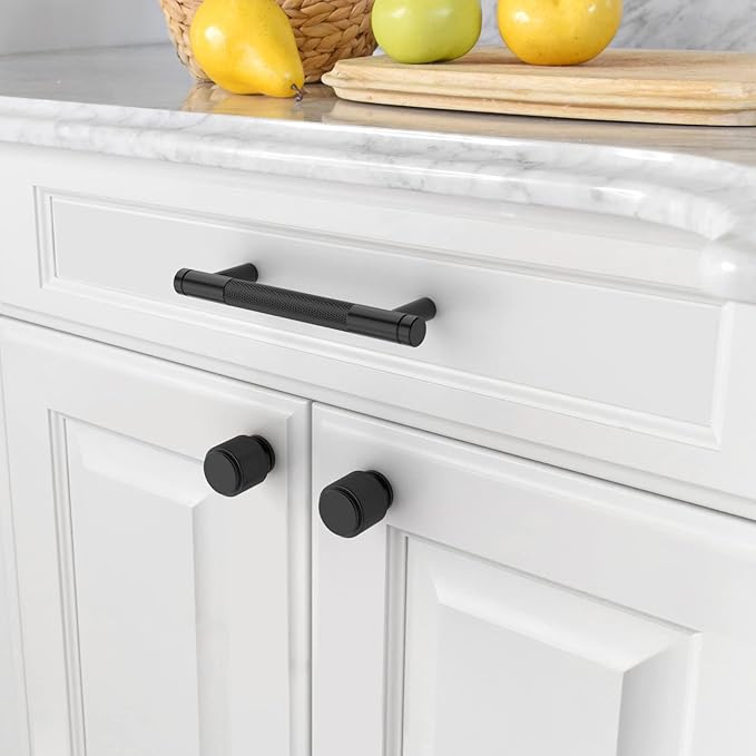 Amerdeco 10 Pack Matte Black Knurled Cabinet Pulls 3.75 Inch Center to Center Kitchen Cabinet Handles for Drawer Dresser, Cupboard and Wardrobe ZH0031